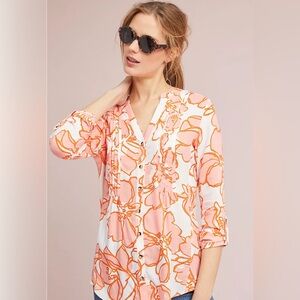 Anthropologie Maeve Pintucked Floral Buttondown Print Peasant Blouse Boho Size S